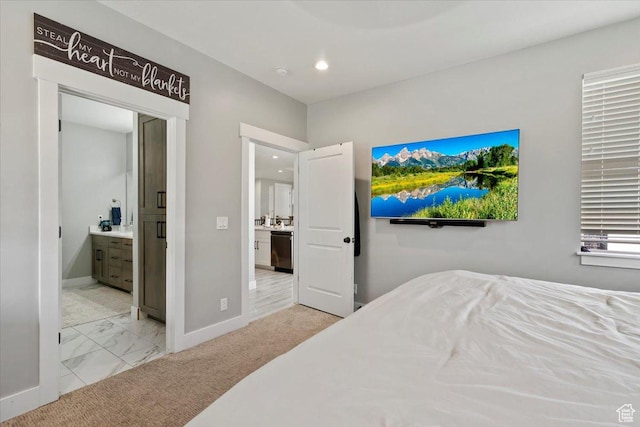 393 S Corner View Dr, Tooele, UT 84074 - bedroom featuring recessed lighting, baseboards, light marble finish flooring, and ensuite bath
