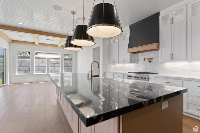 1682 N 2250 W, Provo, UT 84604 - kitchen with light wood-style floors, premium range hood, a large island, decorative backsplash, and glass insert cabinets