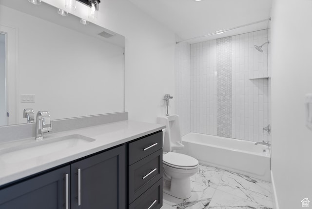 1682 N 2250 W, Provo, UT 84604 - bathroom with shower / bathing tub combination, visible vents, vanity, toilet, and marble finish floor