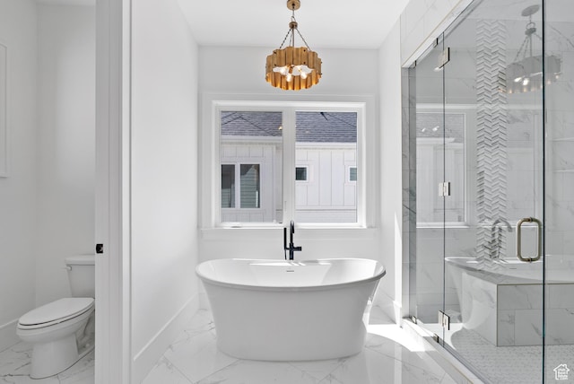 1682 N 2250 W, Provo, UT 84604 - full bathroom with an inviting chandelier, marble finish floor, toilet, baseboards, and a shower stall