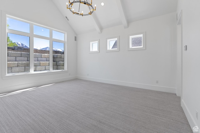1682 N 2250 W, Provo, UT 84604 - spare room featuring beamed ceiling, baseboards, high vaulted ceiling, a chandelier, and carpet flooring