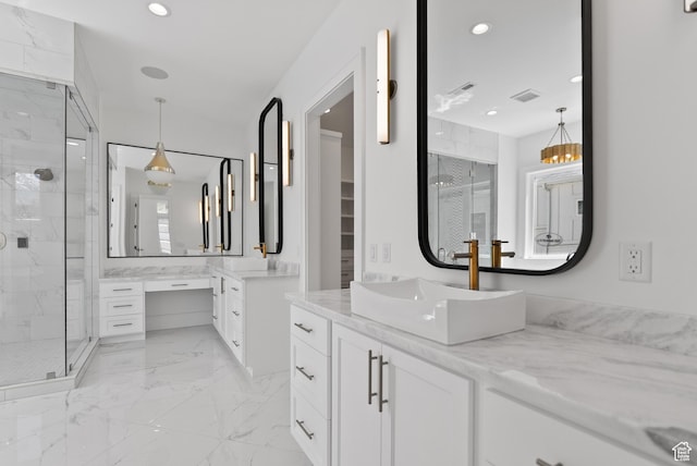 1682 N 2250 W, Provo, UT 84604 - full bath with visible vents, a stall shower, two vanities, marble finish floor, and recessed lighting