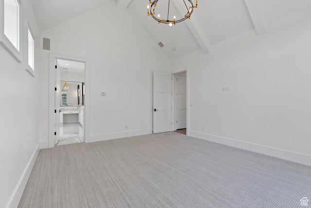 1682 N 2250 W, Provo, UT 84604 - spare room with carpet floors, high vaulted ceiling, a chandelier, baseboards, and beamed ceiling