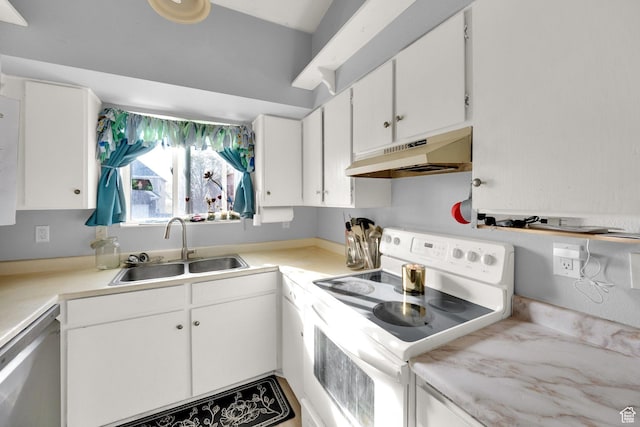 1841 S Nevada Ave, Provo, UT 84606 - kitchen with electric stove, under cabinet range hood, a sink, white cabinetry, and stainless steel dishwasher