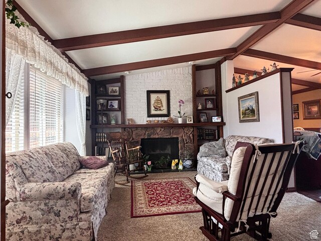 80 S 6000 W, Mendon, UT 84325 - living area featuring carpet flooring, a large fireplace, and lofted ceiling with beams
