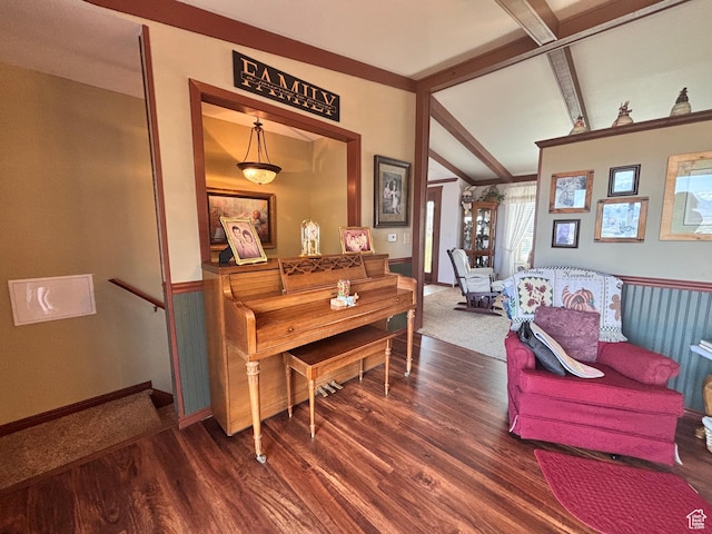 80 S 6000 W, Mendon, UT 84325 - living area with a wainscoted wall, baseboards, lofted ceiling with beams, and dark wood-style floors