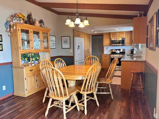 80 S 6000 W, Mendon, UT 84325 - dining room featuring an inviting chandelier, recessed lighting, dark wood-style floors, a wainscoted wall, and beam ceiling