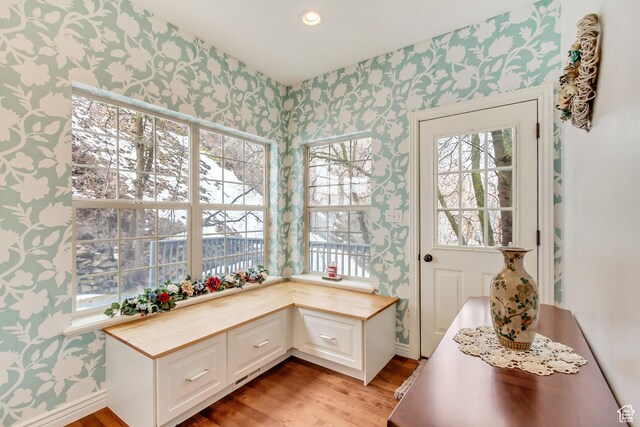 3895 S Grindstone Dr, Springville, UT 84663 - interior space with a wealth of natural light, light wood-style flooring, and wallpapered walls