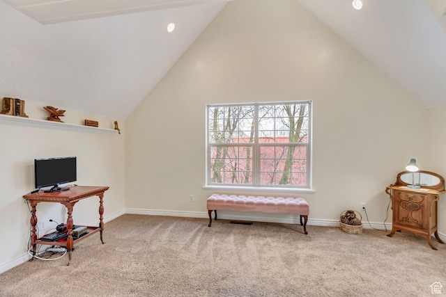 3895 S Grindstone Dr, Springville, UT 84663 - living area featuring carpet floors, baseboards, and vaulted ceiling