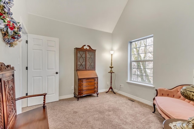 3895 S Grindstone Dr, Springville, UT 84663 - living area with high vaulted ceiling, carpet flooring, baseboards, and visible vents