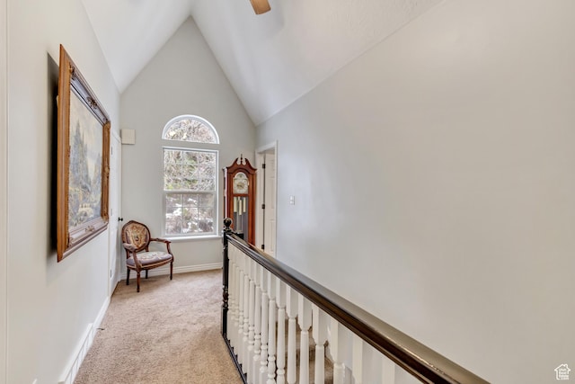 3895 S Grindstone Dr, Springville, UT 84663 - corridor with light colored carpet, baseboards, and lofted ceiling