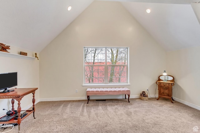 3895 S Grindstone Dr, Springville, UT 84663 - living area with baseboards, vaulted ceiling, and carpet floors