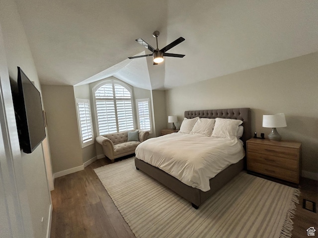 10124 S Autumn Breeze Ln W, South Jordan, UT 84009 - bedroom with baseboards, vaulted ceiling, a ceiling fan, visible vents, and wood finished floors