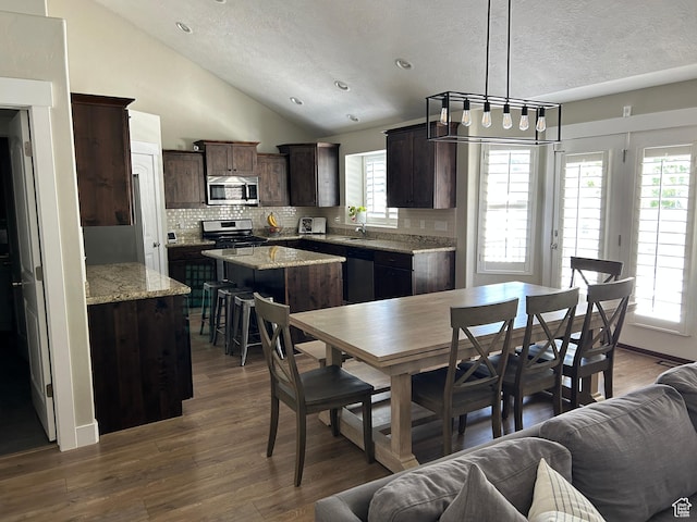 10124 S Autumn Breeze Ln W, South Jordan, UT 84009 - dining space featuring a textured ceiling, vaulted ceiling, and dark wood finished floors