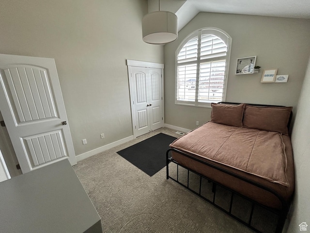 10124 S Autumn Breeze Ln W, South Jordan, UT 84009 - bedroom featuring a closet, baseboards, vaulted ceiling, and carpet floors