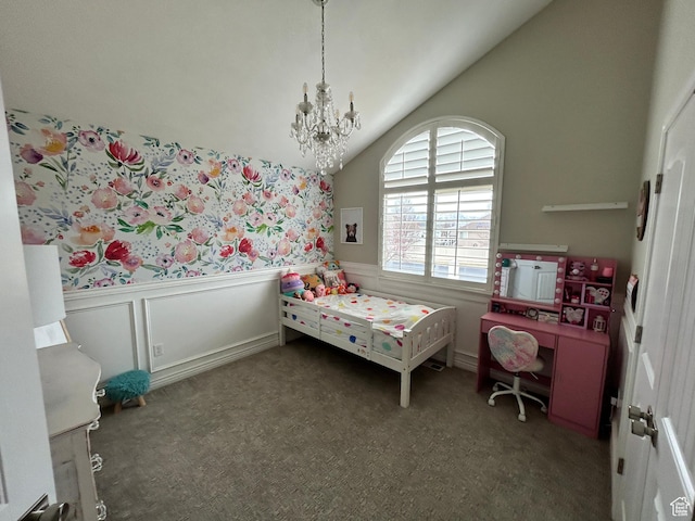 10124 S Autumn Breeze Ln W, South Jordan, UT 84009 - carpeted bedroom featuring a notable chandelier, wainscoting, and lofted ceiling
