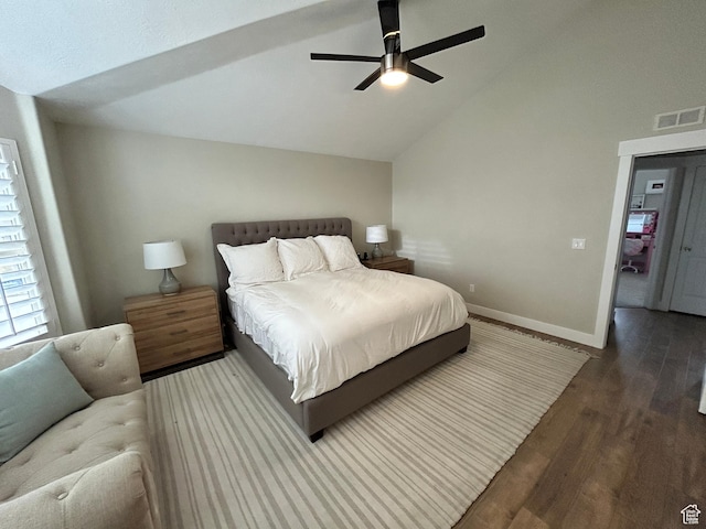 10124 S Autumn Breeze Ln W, South Jordan, UT 84009 - bedroom featuring ceiling fan, visible vents, wood finished floors, lofted ceiling, and baseboards