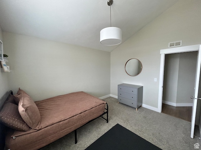 10124 S Autumn Breeze Ln W, South Jordan, UT 84009 - carpeted bedroom featuring visible vents, baseboards, and lofted ceiling