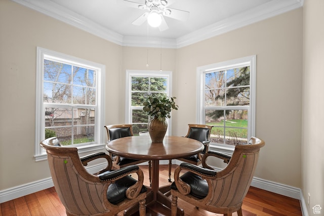 6041 S 2230 E, Holladay, UT 84121 - dining space featuring baseboards, light wood-style flooring, ornamental molding, and ceiling fan