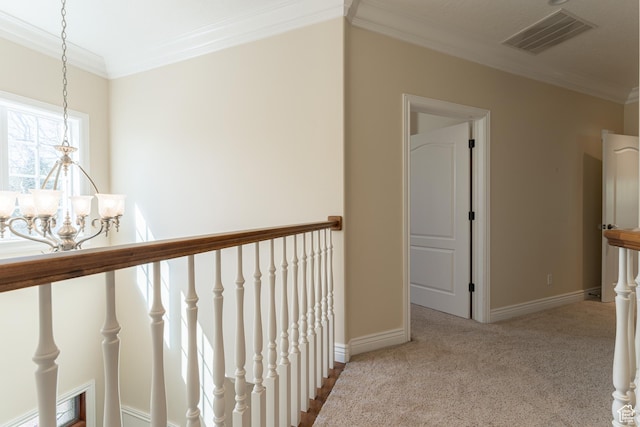 6041 S 2230 E, Holladay, UT 84121 - corridor featuring an inviting chandelier, visible vents, crown molding, baseboards, and carpet flooring