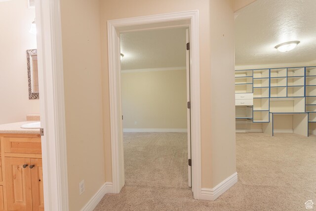 6041 S 2230 E, Holladay, UT 84121 - hall featuring baseboards, carpet, a textured ceiling, and ornamental molding