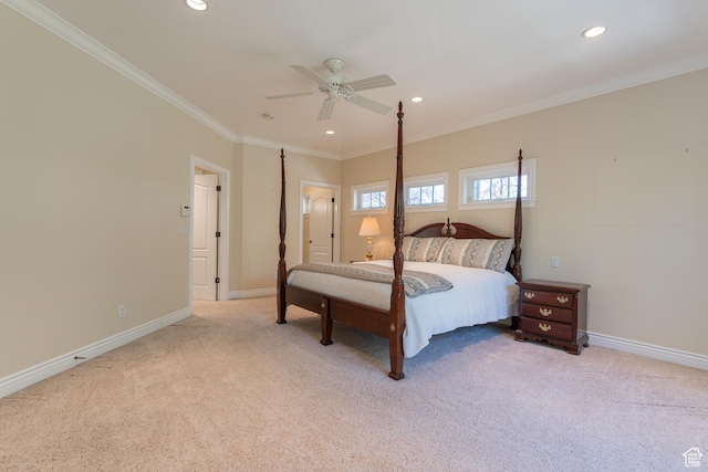 6041 S 2230 E, Holladay, UT 84121 - bedroom featuring recessed lighting, light carpet, crown molding, baseboards, and ceiling fan