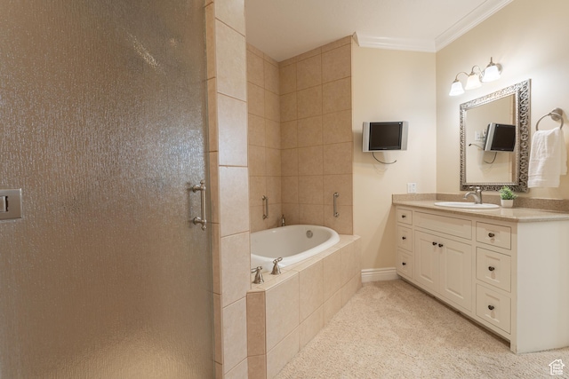 6041 S 2230 E, Holladay, UT 84121 - bathroom featuring a bath, a stall shower, baseboards, vanity, and ornamental molding