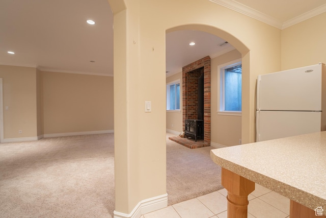6041 S 2230 E, Holladay, UT 84121 - interior space with recessed lighting, freestanding refrigerator, crown molding, baseboards, and light colored carpet