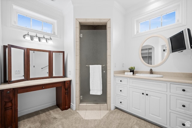 6041 S 2230 E, Holladay, UT 84121 - full bath with vanity, a wealth of natural light, a shower stall, and ornamental molding