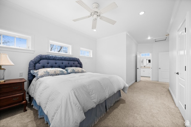 6041 S 2230 E, Holladay, UT 84121 - bedroom with recessed lighting, crown molding, baseboards, attic access, and light colored carpet