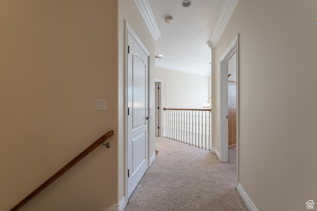 6041 S 2230 E, Holladay, UT 84121 - hall featuring light colored carpet, baseboards, crown molding, and an upstairs landing