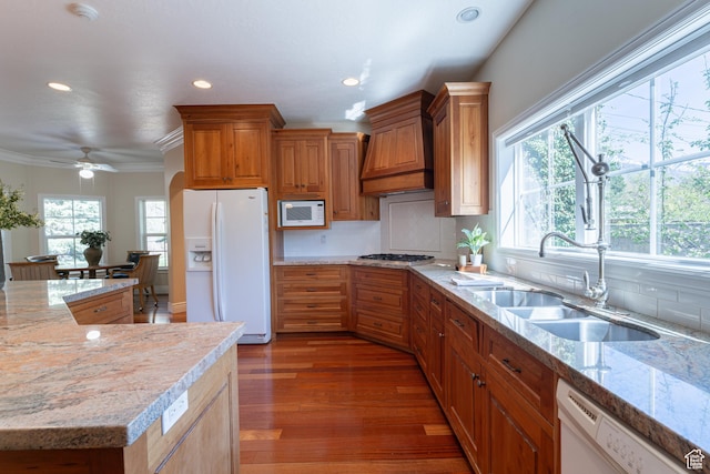 6041 S 2230 E, Holladay, UT 84121 - kitchen featuring a sink, custom exhaust hood, recessed lighting, wood finished floors, and white appliances