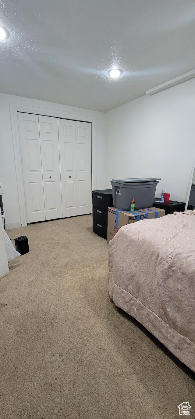 carpeted bedroom with a closet and a textured ceiling