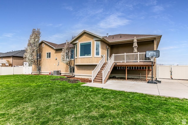 4781 W 4100 S, West Haven, UT 84401 - back of house with stairs, a wooden deck, stucco siding, a patio area, and cooling unit