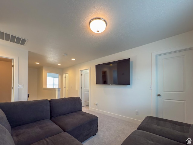 5051 W Bilston Ln S, Herriman, UT 84096 - carpeted living area featuring a textured ceiling, baseboards, visible vents, and recessed lighting