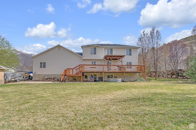 8079 S Juniper Ct, South Weber, UT 84405 - rear view of property featuring stairway, a wooden deck, cooling unit, and a lawn