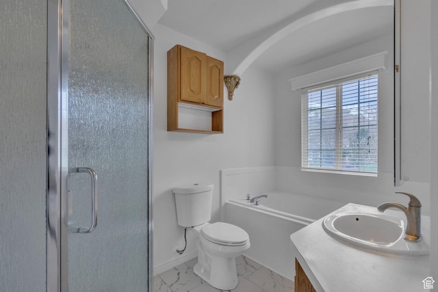 8079 S Juniper Ct, South Weber, UT 84405 - full bathroom featuring baseboards, a stall shower, toilet, marble finish floor, and a garden tub