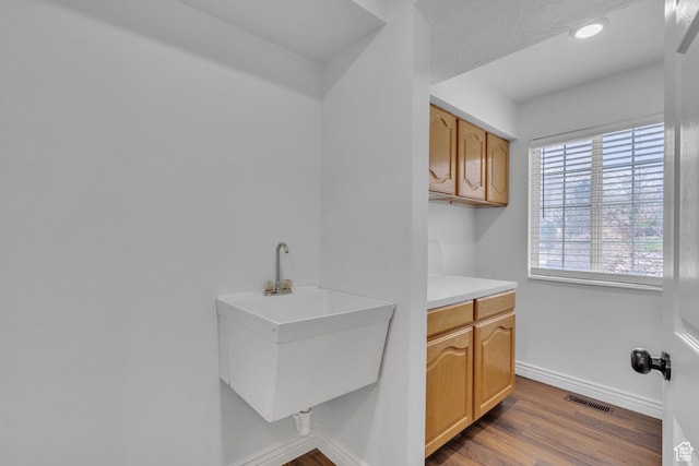 8079 S Juniper Ct, South Weber, UT 84405 - laundry room featuring dark wood finished floors, visible vents, recessed lighting, a sink, and baseboards