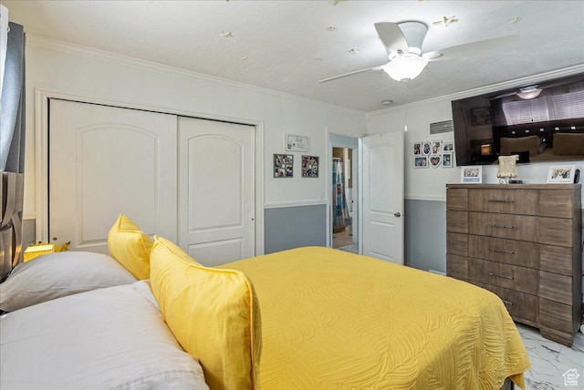 3165 S 2000 E, Millcreek, UT 84109 - bedroom with ceiling fan, a closet, ornamental molding, visible vents, and marble finish floor