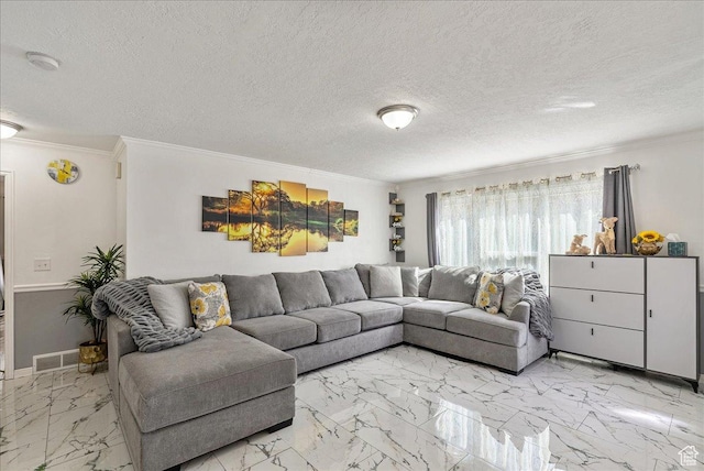 3165 S 2000 E, Millcreek, UT 84109 - living room featuring crown molding, a textured ceiling, visible vents, marble finish floor, and baseboards
