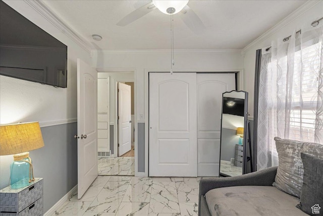 3165 S 2000 E, Millcreek, UT 84109 - bedroom featuring a closet, baseboards, marble finish floor, and ornamental molding