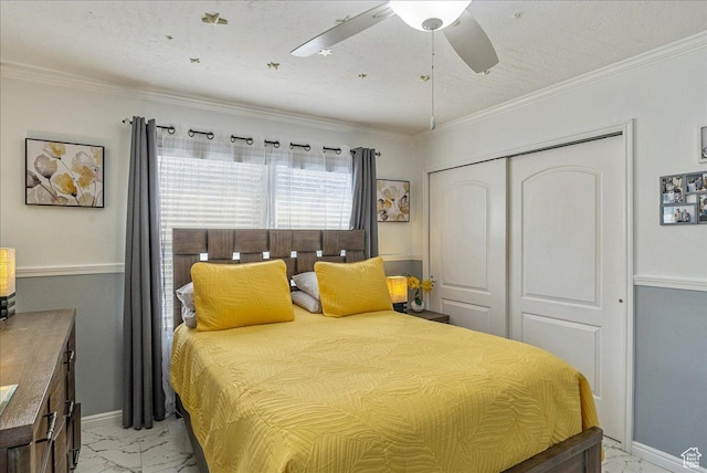 3165 S 2000 E, Millcreek, UT 84109 - bedroom featuring a closet, baseboards, ornamental molding, a ceiling fan, and marble finish floor