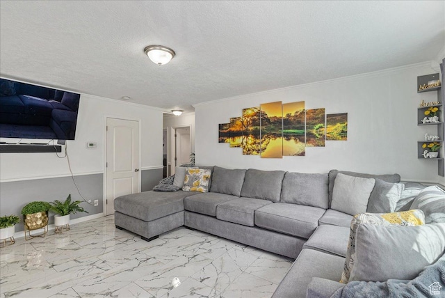 3165 S 2000 E, Millcreek, UT 84109 - living area featuring baseboards, marble finish floor, a textured ceiling, and ornamental molding