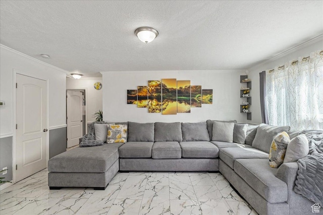 3165 S 2000 E, Millcreek, UT 84109 - living room with marble finish floor, ornamental molding, and a textured ceiling