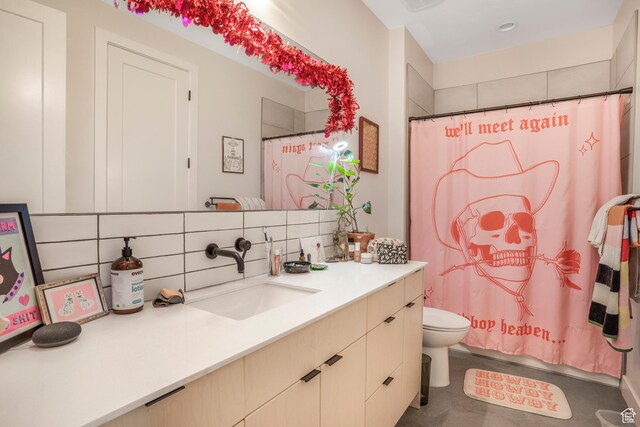 160 W Pebble, Rockville, UT 84763 - full bath featuring vanity, toilet, tasteful backsplash, and a shower with shower curtain