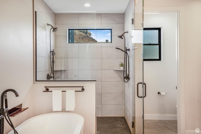 160 W Pebble, Rockville, UT 84763 - bathroom featuring a shower stall, a freestanding bath, a sink, tile patterned floors, and baseboards