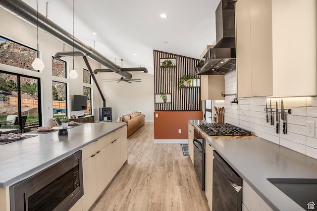 160 W Pebble, Rockville, UT 84763 - kitchen with black appliances, wall chimney range hood, recessed lighting, light wood-type flooring, and backsplash