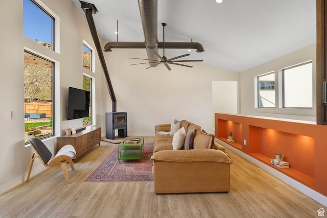 160 W Pebble, Rockville, UT 84763 - living area featuring a wood stove, high vaulted ceiling, light wood-style floors, baseboards, and a ceiling fan