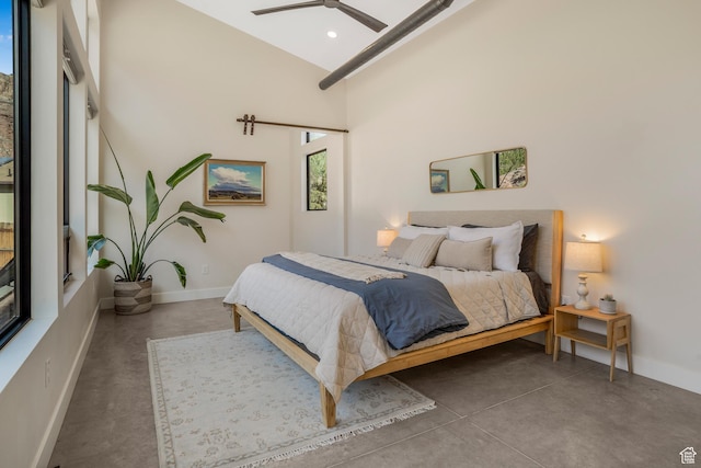 160 W Pebble, Rockville, UT 84763 - bedroom featuring finished concrete floors, baseboards, recessed lighting, high vaulted ceiling, and ceiling fan