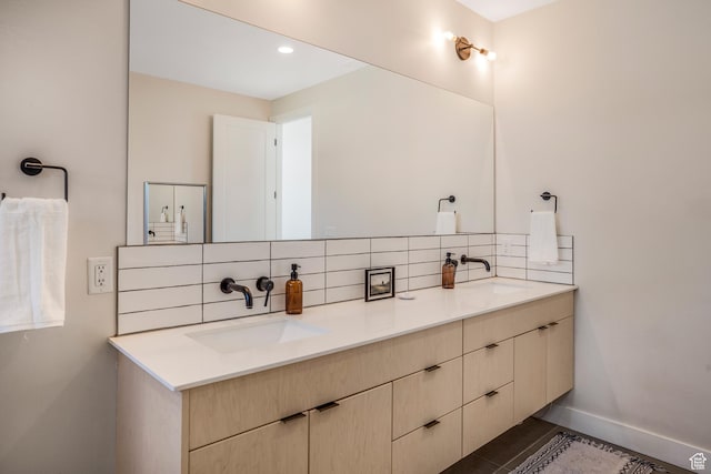 160 W Pebble, Rockville, UT 84763 - full bathroom with tasteful backsplash, double vanity, baseboards, and recessed lighting